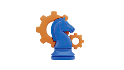 Blue Knight Chess Piece with Orange Gears