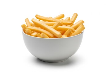 Golden French Fries in White Bowl Isolated on White Background