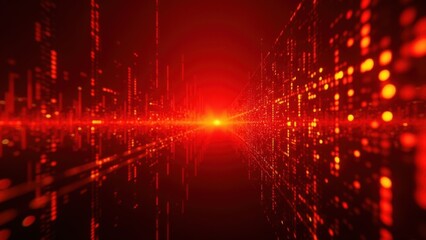 Fototapeta premium Abstract digital background with glowing red and orange lights converging towards a bright central horizon