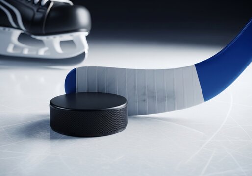 Ice Hockey Stick and Puck on Frozen Rink Close-Up