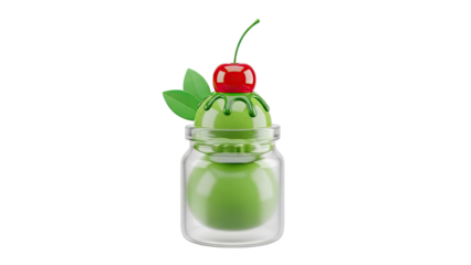 Green ice cream scoop with cherry and leaves in a glass jar