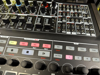 Sound engineer panel with volume controls and connectors for connecting audio source. Sound master panel with various settings for creating soundtrack