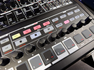 Event DJ panel with track selection settings, volume controls and fine tuning controls. Keys and switches for music control. Sound master panel help you work efficiently with sound special effects