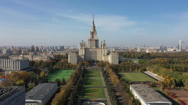 Drone advancing toward Moscow State University building