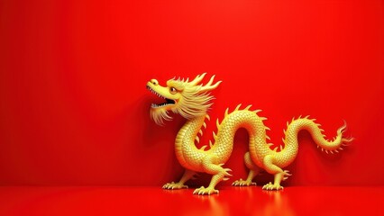 Fototapeta premium Golden metal dragon with open mouth and flowing whiskers on vibrant red background, ornate traditional chinese mythical creature in dynamic pose, concept of chinese new year, lunar celebrations