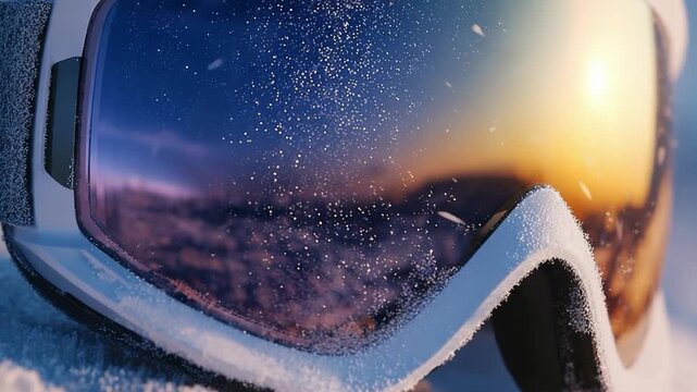 Closeup snowy ski goggles with sun reflection and frosty lenses, winter sports adventure mountain gear equipment