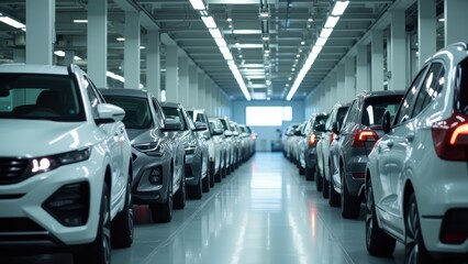 Obraz premium Rows of brand Chinese new silver cars aligned symmetrically in modern factory interior under bright lights, concept of automotive manufacturing, car industry, electric vehicle production