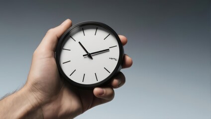 Hand holding a clock showing the time on a gray background.