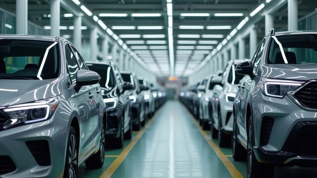 Rows of brand Chinese new silver cars aligned symmetrically in modern factory interior under bright lights, concept of automotive manufacturing, car industry, electric vehicle production