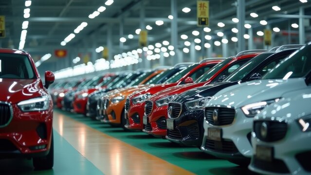 Colorful new Chenese cars lined up in modern factory assembly hall, concept of automotive manufacturing, car industry, vehicle production.