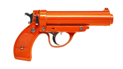 Orange signal flare gun providing emergency rescue equipment for marine safety isolated on transparent background
