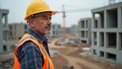 Fototapeta premium Senior construction worker with gray beard, wearing yellow hard hat and orange safety vest, blurred building site background, concept of construction industry, engineering