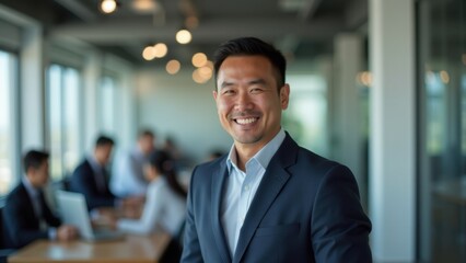 Fototapeta premium Confident asian businessman in grey suit smiling at camera, pocket square and blue tie in modern blurred office with colleagues, concept of corporate leadership, business professional