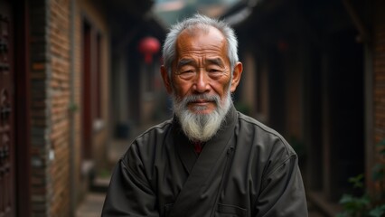 Elderly chinese man with long white beard smiling gently at camera, standing in traditional hutong alley with red lanterns, ancient courtyard houses, concept of asian culture