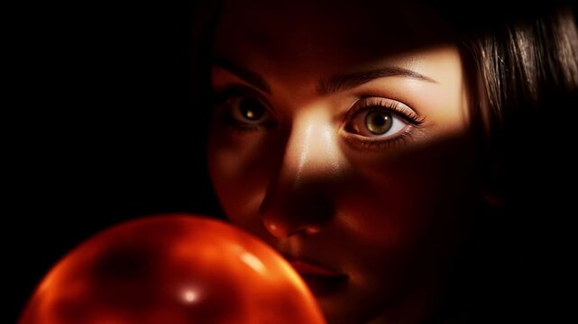 A mysterious seer with a piercing gaze reads fate from a magic crystal.