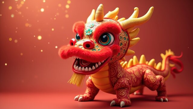 Cute fluffy lion dance dragon in vibrant orange and gold costume posing playfully with big eyes and open mouth, festive red background, concept of chinese new year, cultural festival