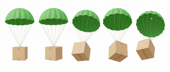 cardboard boxes attached to green parachutes in mid-air, 3D Rendering style, isolated on white background. Concept of shipping and air delivery 