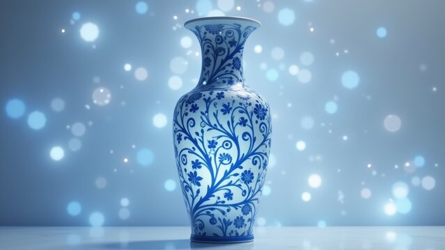 Elegant blue and white chinese porcelain vase with intricate flower pattern, classic floral design on soft gradient background, concept of asian decor, luxury interior, cultural artifact.