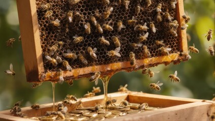 Honey dripping from a honeycomb frame surrounded by bees.