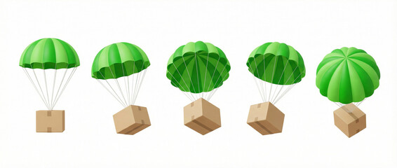 cardboard boxes attached to green parachutes in mid-air, 3D Rendering style, isolated on white background. Concept of shipping and air delivery 