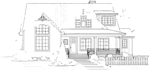 Black and White Line Art of a Classic Two-Story House with a Porch and Detailed Windows
