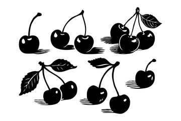 Hand-drawn style black cherry fruit sketches with leaves, shown in groups and singles on clean white background, concept of fruit design