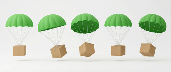 cardboard boxes attached to green parachutes in mid-air, 3D Rendering style, isolated on white background. Concept of shipping and air delivery 