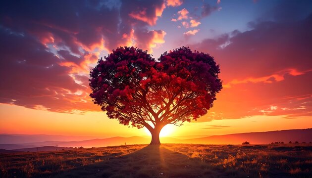 Heart-shaped tree silhouette against a vibrant orange sunset sky, serene field below