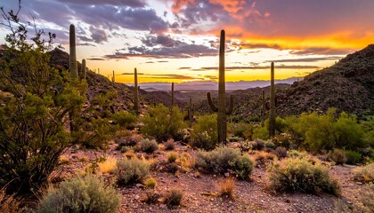 Vibrant Sunset Over a Mountainous Desert Landscape with Saguaro Cacti