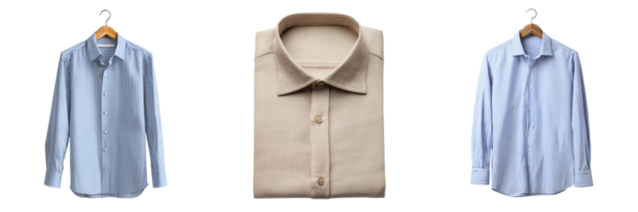 Three men's dress shirts light blue striped and beige folded isolated on a transparent background clothing