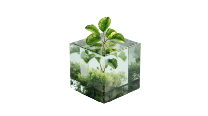 Young plant growing inside a clear glass cube with reflections, symbolizing natural environmental protection and preservation