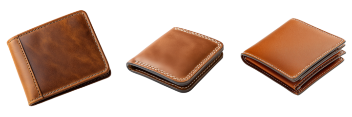 Three brown leather bifold wallets displayed from different angles isolated on a transparent background