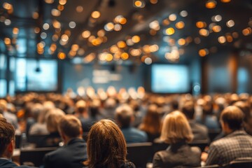 Blurred view of audience in conference hall during business seminar, training session or professional meeting about leadership strategy