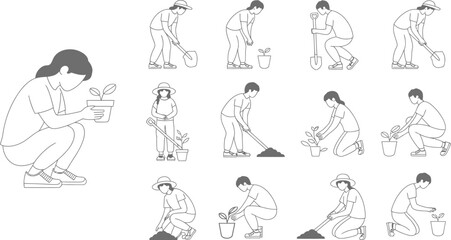 Fototapeta premium People gardening a collection of line drawings showcasing various planting poses