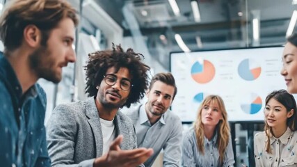 Diverse team laughing discussing business charts in modern office, multicultural collaboration success meeting - Powered by Adobe
