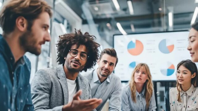 Diverse team laughing discussing business charts in modern office, multicultural collaboration success meeting