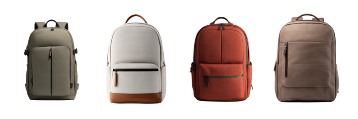 Four modern backpacks in different colors and styles displayed side by side isolated on a transparent background