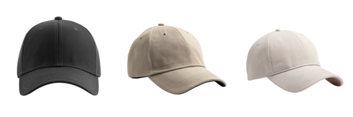 Three baseball caps in black tan and off white colors isolated on a transparent background headwear accessory
