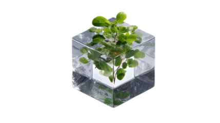 Green plant branch frozen in ice cube, symbolizing environmental preservation, life protection, and future growth