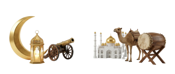 eid celebration scene featuring lantern crescent moon and iconic symbols on isolated transparent