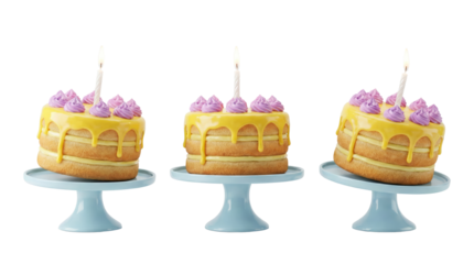 Three beautifully decorated birthday cakes with candles on elegant pedestals isolated on