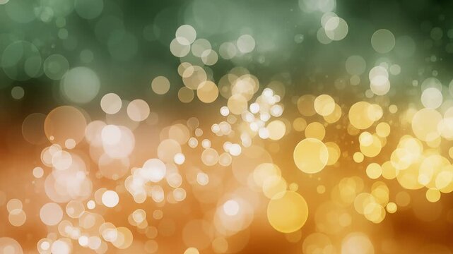 Abstract green to orange bokeh light dots gradient background, festive blurred glowing particles texture backdrop