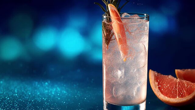 Refreshing gin tonic with grapefruit slices rosemary on blue glitter background, elegant cocktail bar drink