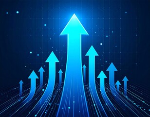 Ascending Arrows. Glowing blue arrows rise dynamically against a grid, conveying progress and upward trends