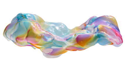 Iridescent fluid blob creating an abstract holographic wave with pastel viscous liquid colors on transparent background