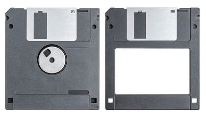 Two 3.5-inch floppy disks, front and back, isolated on white