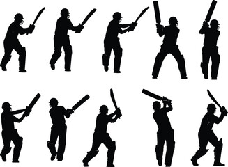 Silhouette collection of cricket batsman batting actions showing dynamic sports movement isolated on white background for athletic training concepts