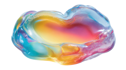 Iridescent holographic fluid blob creating a vibrant abstract visual with soft colors and transparent background