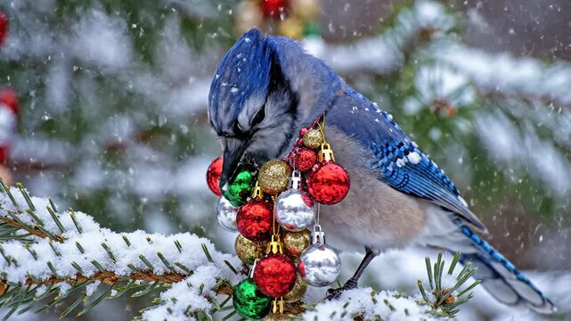 Blue jay sits on a snow-covered branch adorned with colorful Christmas ornaments during a winter snowfall