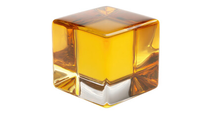 Glass cube filled with golden liquid illustrating abstract geometry and liquid material science with transparent background